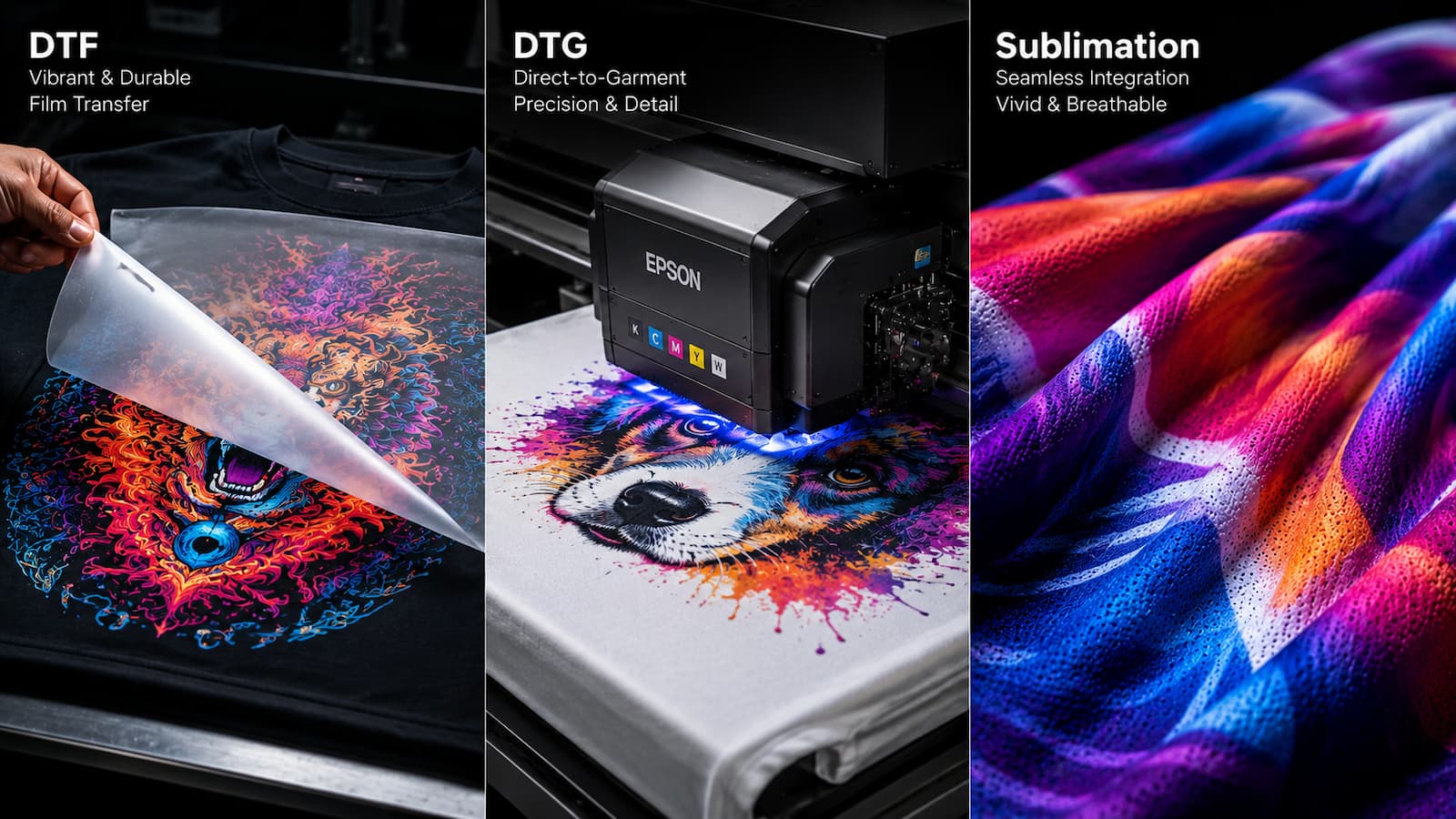 DTF vs DTG vs Sublimation garment printing technologies comparison