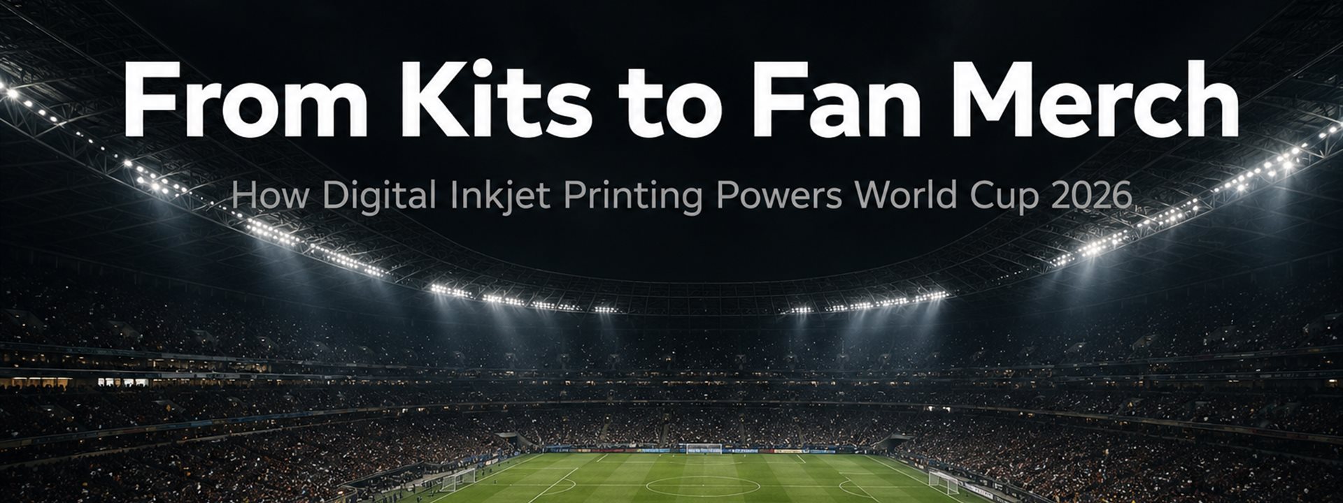 Digital inkjet printing at the 2026 FIFA World Cup — stadium night scene with title overlay