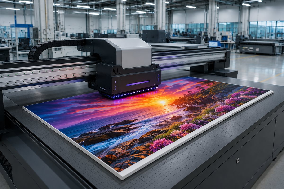 Industrial UV flatbed inkjet printer producing high-saturation graphics on rigid board