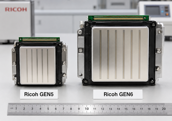 "Ricoh GEN5 and GEN6 printhead comparison showing nozzle plate differences