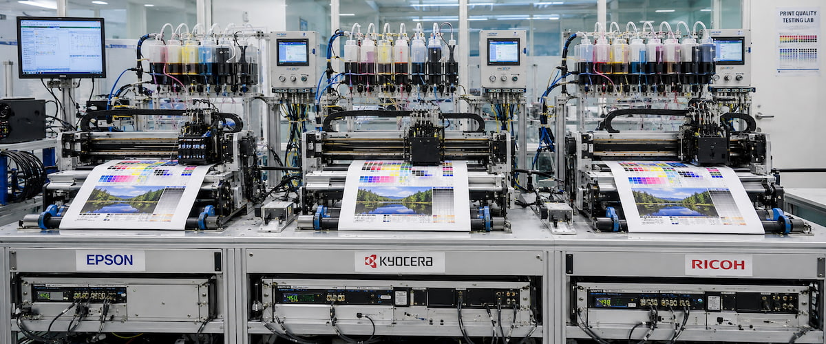Multiple sublimation printers running compatibility tests on INKBANK test bench
