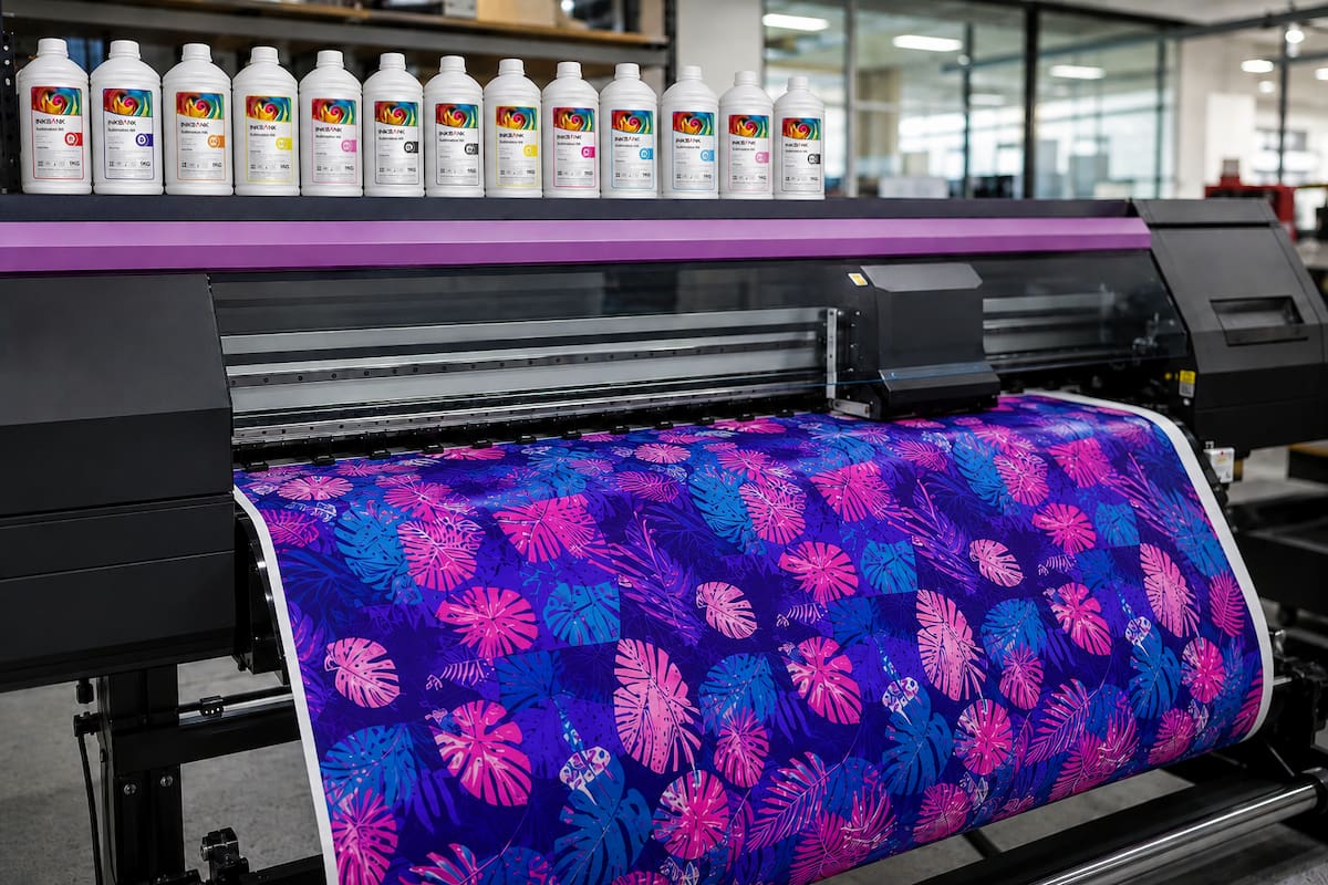 Wide-format inkjet printer printing vibrant CMYK artwork onto sublimation transfer paper — INKBANK sublimation ink in production