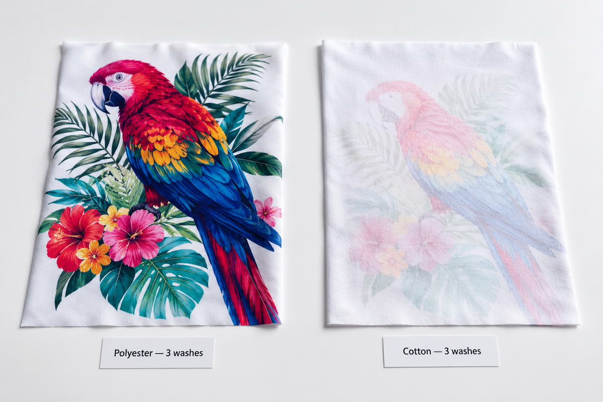 Sublimation print on polyester vs cotton after 3 washes — polyester fabric retains full color vibrancy, cotton print faded to ghost image, INKBANK sublimation ink wash fastness test