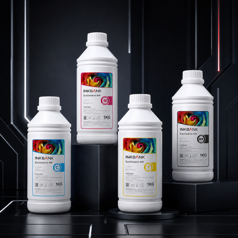 INKBANK Ultra-High Concentration Sublimation Ink 1kg bottles CMYK set with EBC certification label — compatible with Epson I3200 S3200 Kyocera printheads