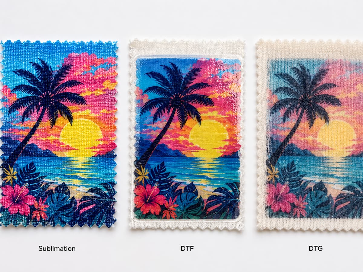 Sublimation vs DTF vs DTG fabric print comparison — sublimation ink penetrates fiber with no surface layer, DTF leaves visible film, DTG shows lower color saturation — INKBANK guide