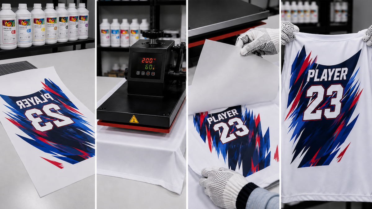 Sublimation heat press process step by step: print transfer paper, press at 200°C, peel paper, finished polyester fabric with permanent vibrant print — INKBANK