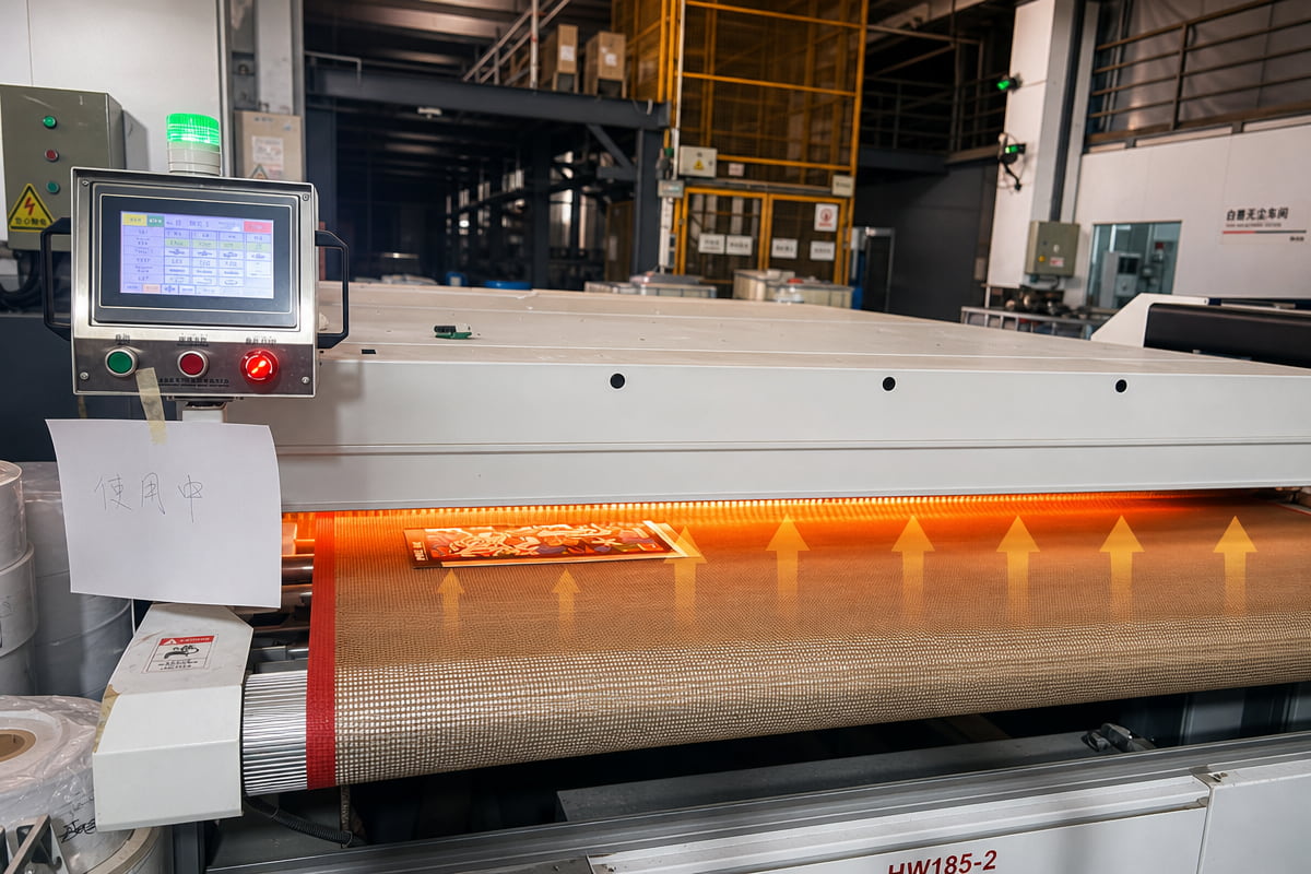 INKBANK latex ink curing stage — OP pre-treatment and ink layers cross-linking into flexible polymer film under controlled heat