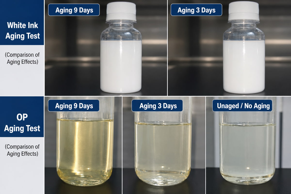 Accelerated aging test — INKBANK latex ink after 60°C/3-day thermal aging, zero stratification confirmed