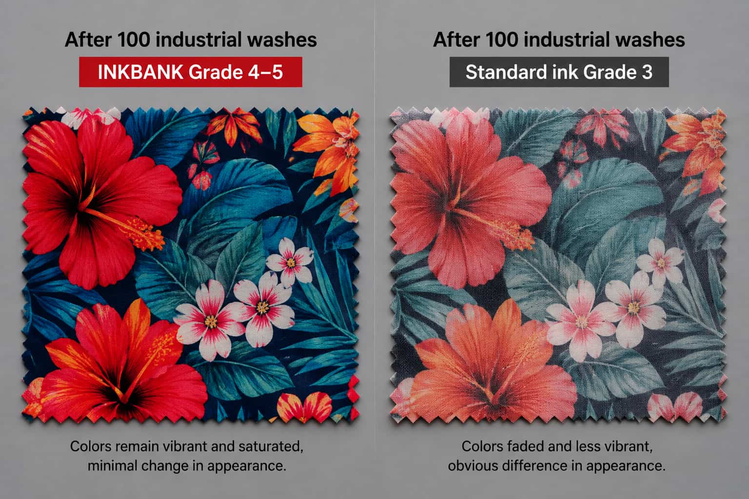 Side-by-side fabric comparison — left swatch retains Grade 4–5 color after 100 industrial washes, right swatch faded to Grade 3