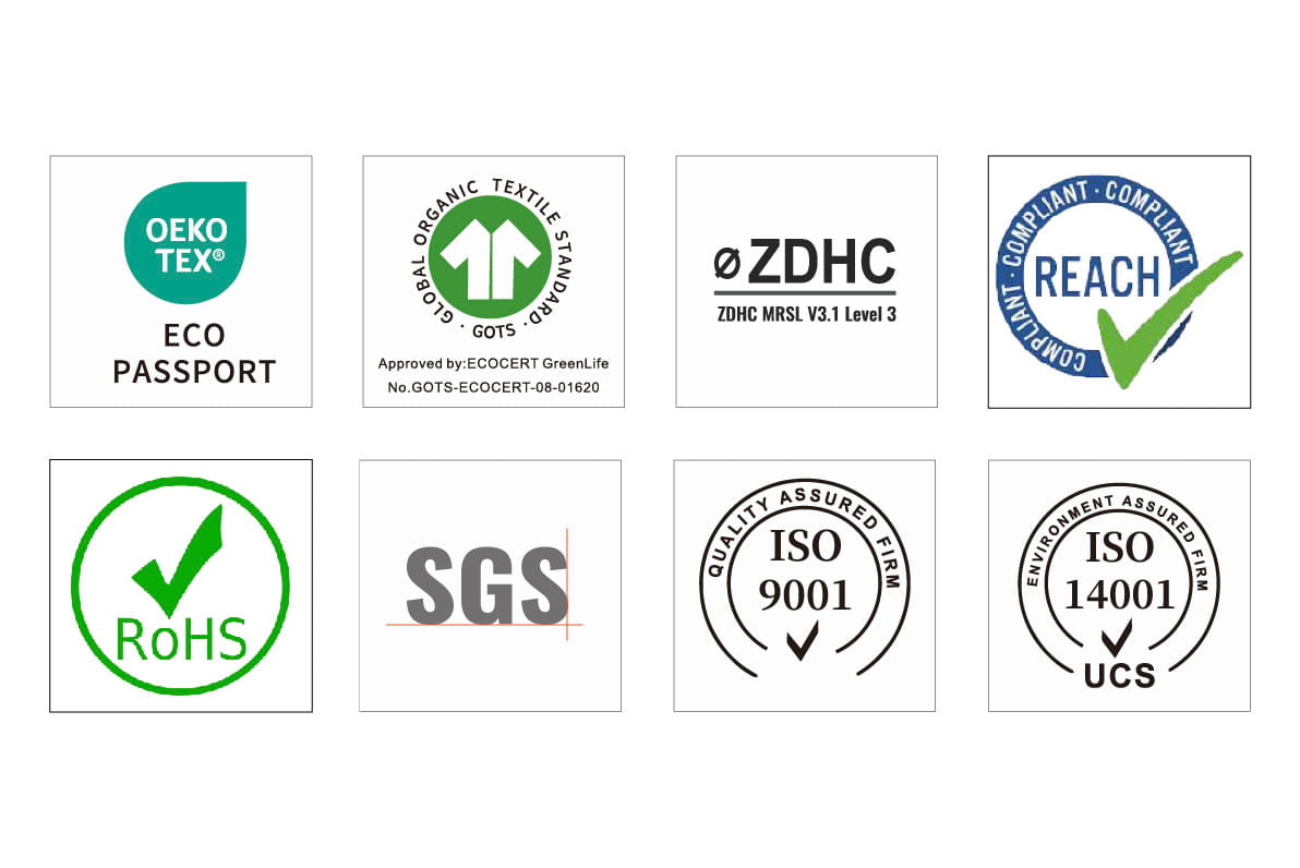  Grid of eight international certification logos — OEKO-TEX ECO PASSPORT, GOTS 7.0, ZDHC MRSL Level 3, REACH, RoHS, SGS, ISO 9001, ISO 14001