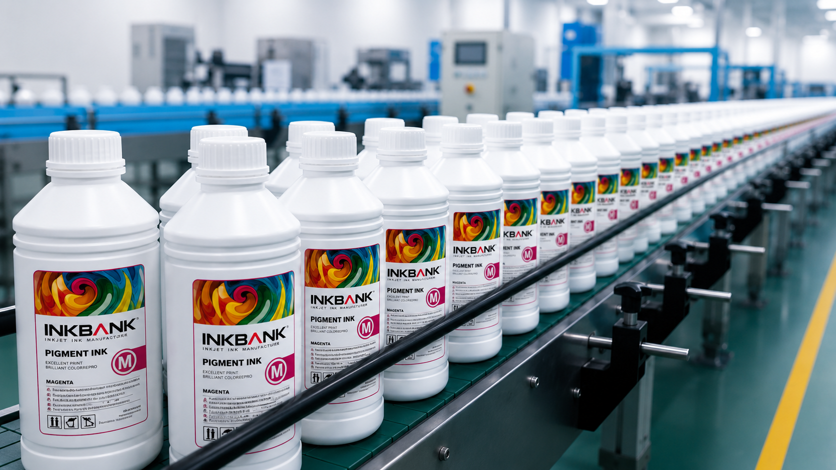 INKBANK's automated ink production line in Shenzhen — stainless steel dispersion tanks, automated filling system, technicians in lab coats