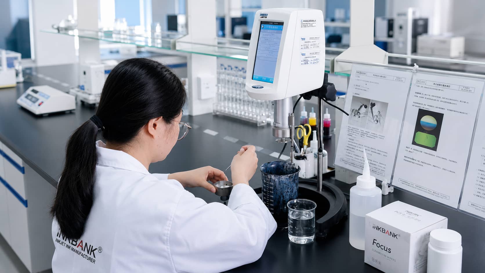 INKBANK quality control technician in lab coat at a Brookfield viscometer, ink bottle with visible batch number in foreground, QC data sheet on clipboard