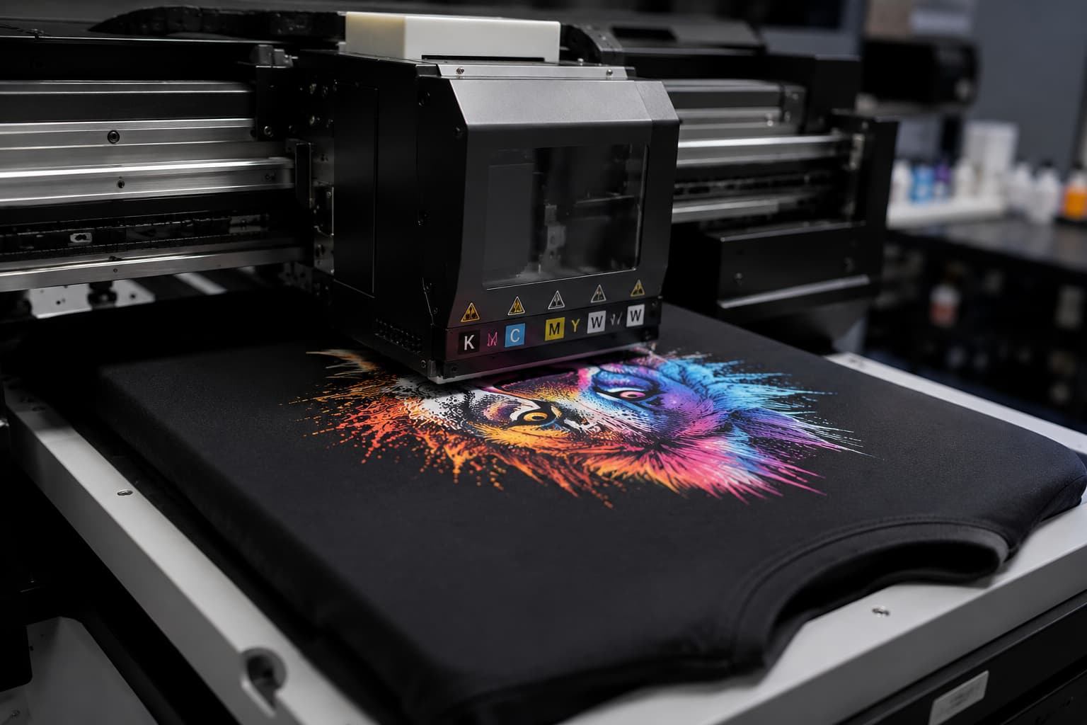INKBANK wet-on-wet DTG printer printing vivid colorful design directly onto black cotton T-shirt