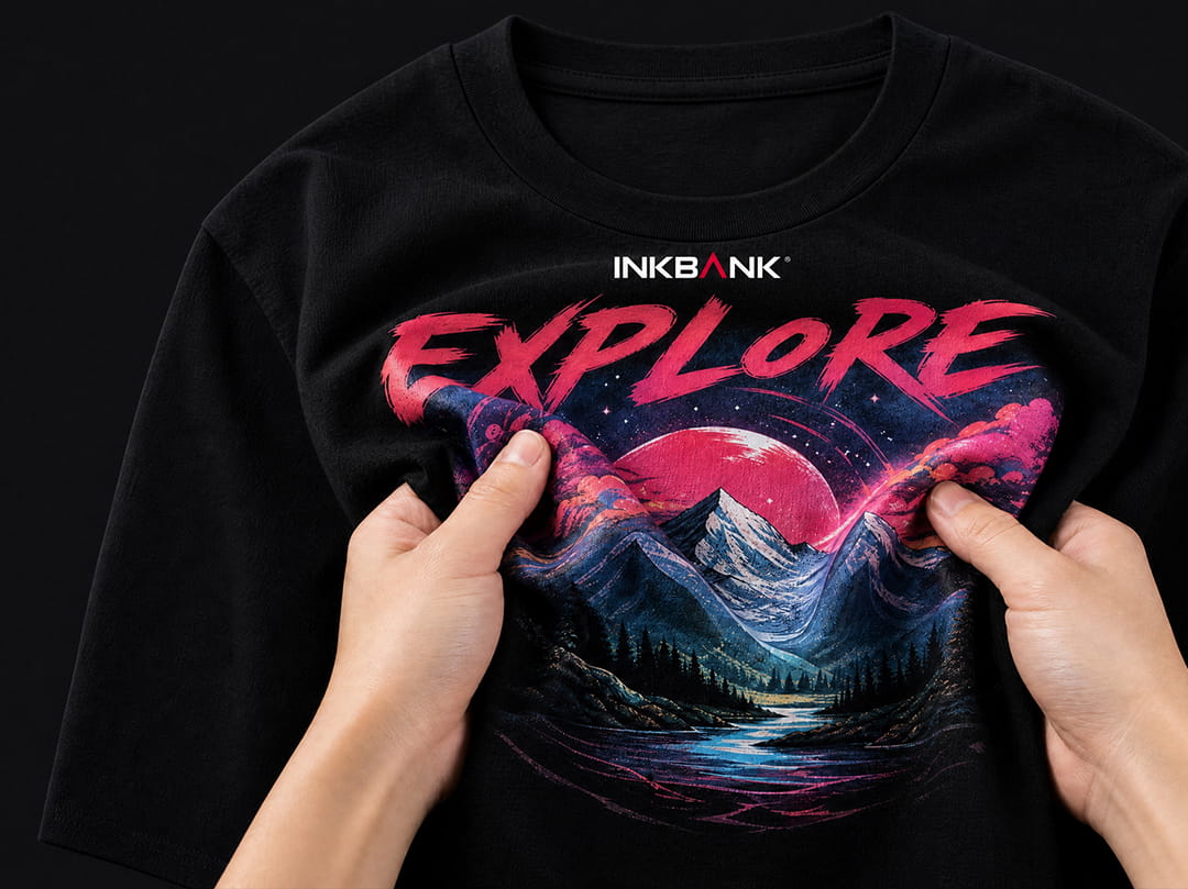 High quality DTG printed black T-shirt demonstrating soft fabric hand feel and elasticity without cracking