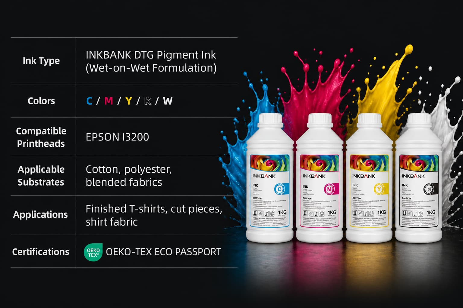 INKBANK DTG pigment ink bottles with technical specifications and OEKO-TEX ECO PASSPORT certification