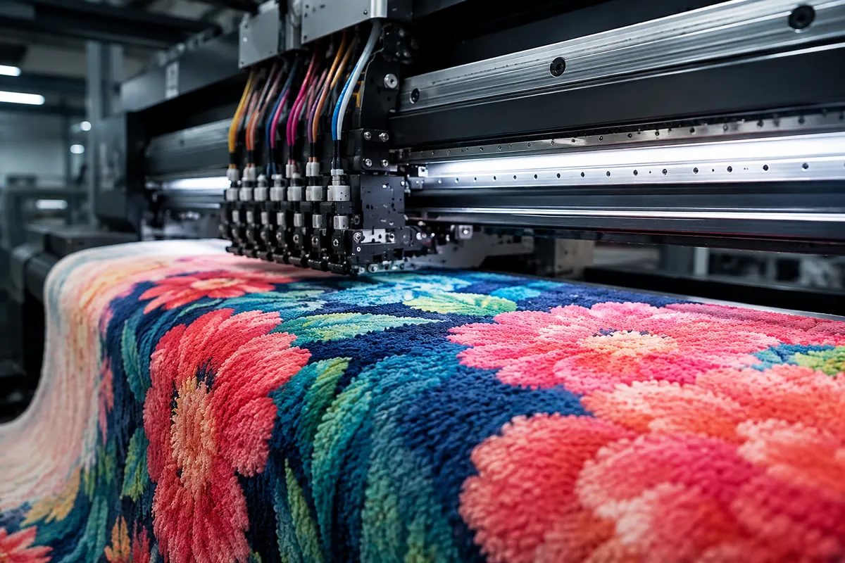 Industrial digital textile printer with FUJIFILM SG1024 printhead printing INKBANK high-energy disperse dye ink on coral fleece fabric