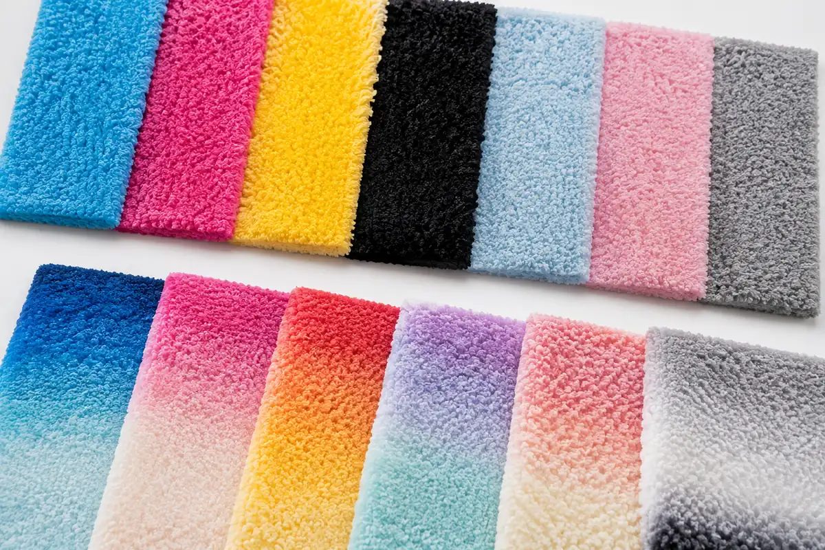 Printed polyester pile fabric swatches - coral fleece and flannel showing CMYK process colors and uniform light shades with INKBANK disperse dye ink