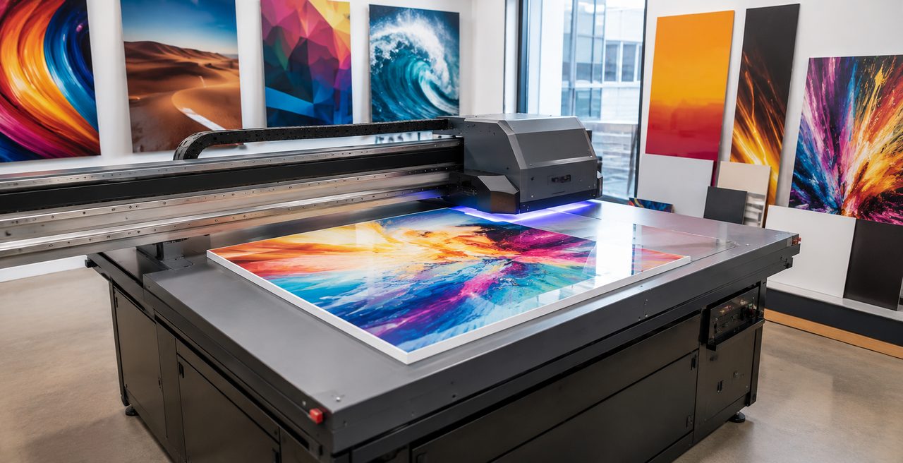 Rigid UV-LED ink printing vivid signage graphics on acrylic panels with a UV flatbed printer