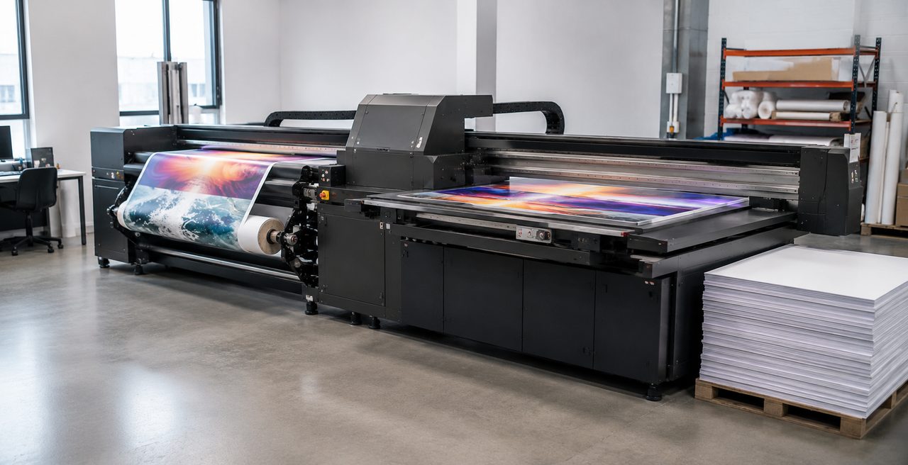 Hybrid UV-LED printer handling both flexible roll media and rigid sheets for signage production