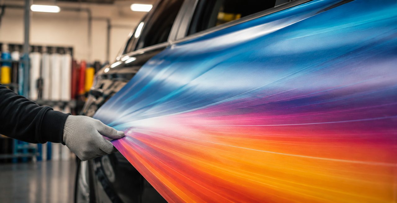 Flexible UV-LED ink printed vehicle wrap film bending smoothly over a curved car panel without cracking