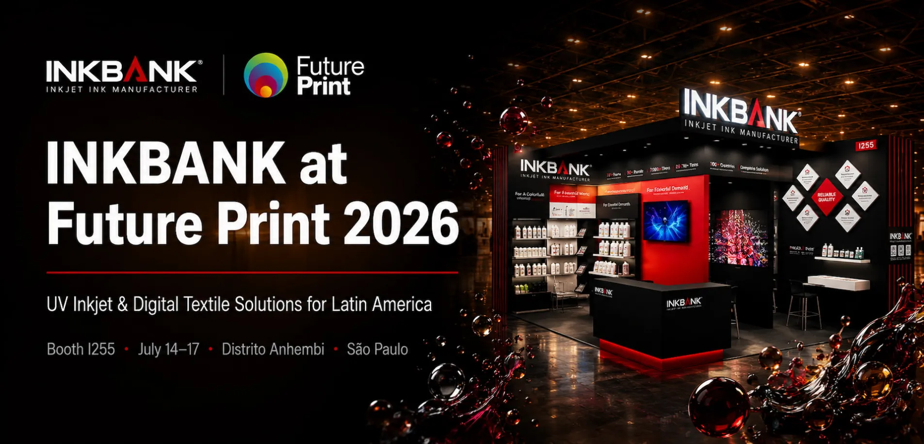 INKBANK digital inkjet ink manufacturer showcasing premium DTF and UV ink bulk supply at FuturePrint 2026 exhibition in Sao Paulo, Brazil
