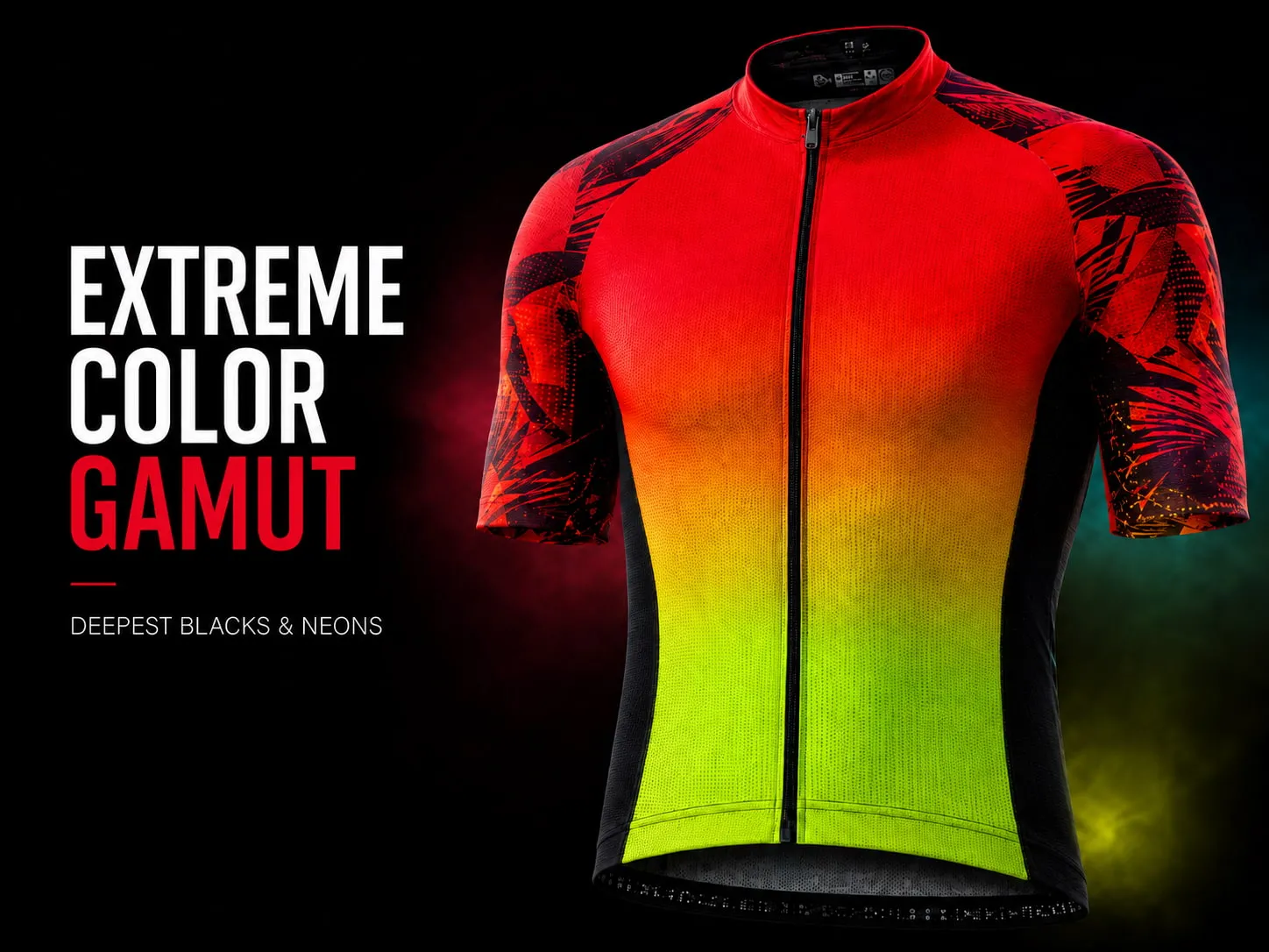 INKBANK ultra-high concentration sublimation ink demonstrating extreme color gamut, deepest blacks, and vibrant neon colors on polyester sportswear.