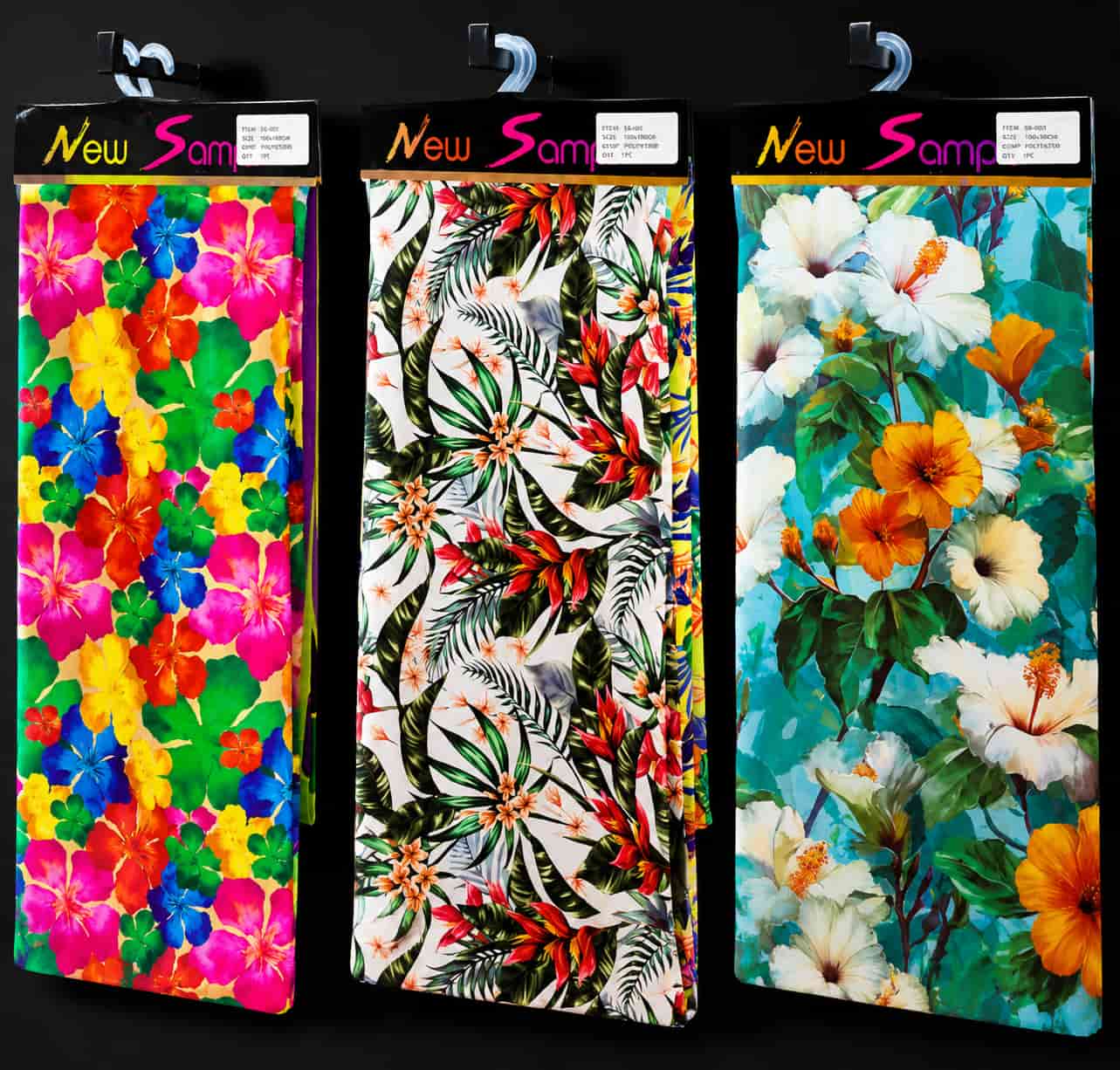 Digital textile printing fabric samples with vibrant floral designs for sublimation printing