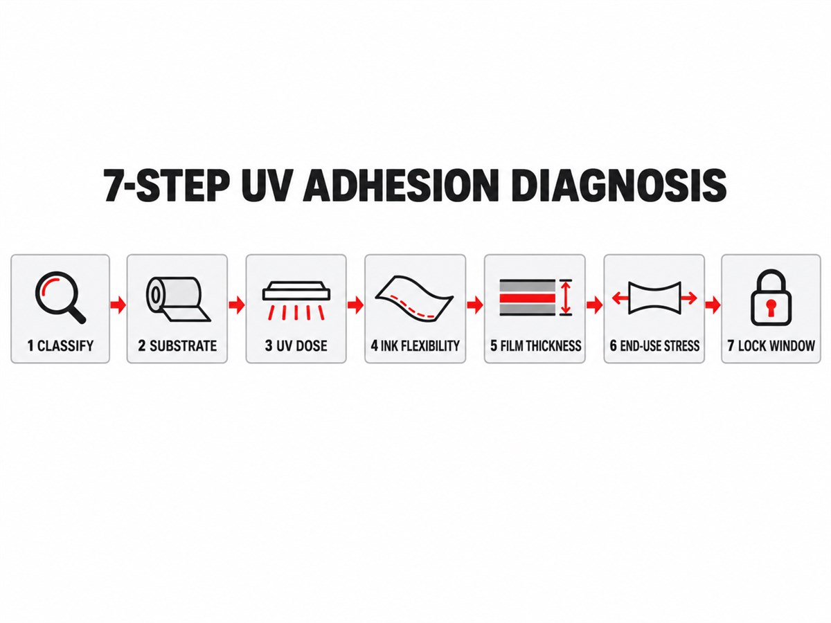 Seven-step UV adhesion diagnosis workflow