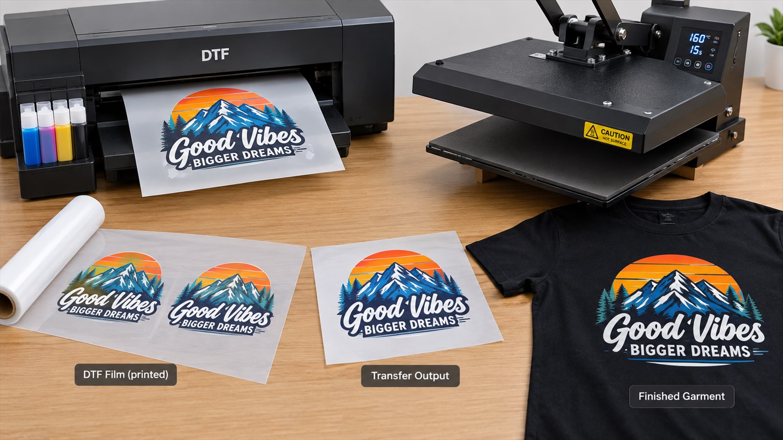 DTF transfer production with printed film, heat press, and finished garment