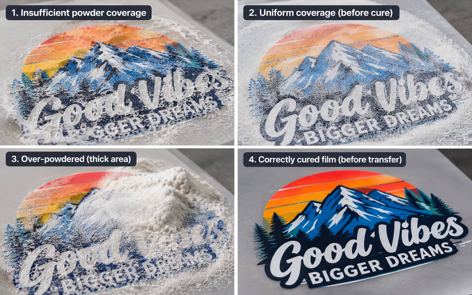 DTF powder coverage compared before and after curing