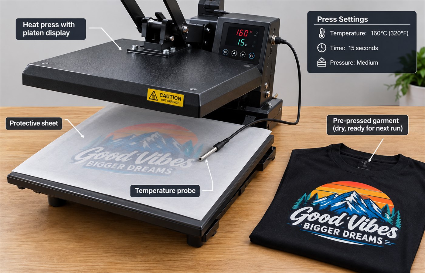 DTF transfer being pressed with controlled temperature and garment moisture