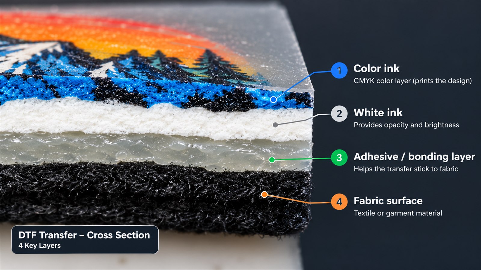DTF transfer layer structure from color ink to white ink, adhesive, and fabric