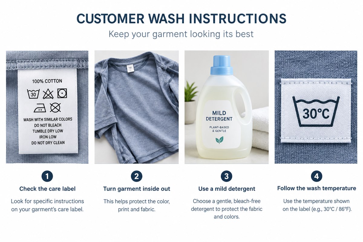 Garment care instructions for a DTF-printed shirt